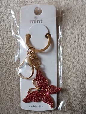 Mint Gold Keychain with Pink Crystal Butterfly Charm